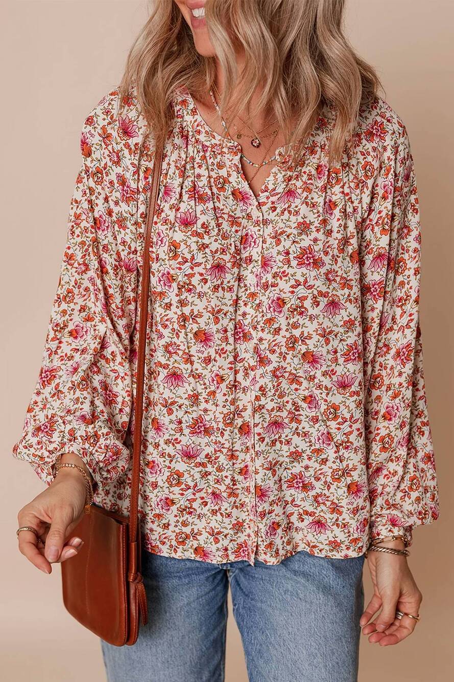 NEW SHEWIN floral print pleated detail notched neck puff sleeve blouse in red